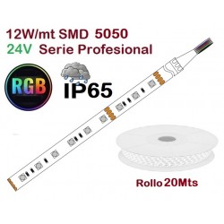 Tira LED Flexible 24V 12W/mt 60 Led/mt SMD 5050 IP65 RGB Serie Profesional, Rollo 20 mts